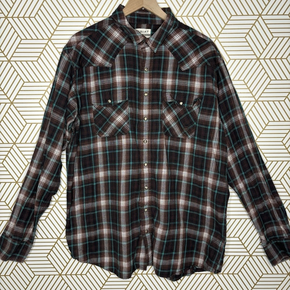 Ariat Western Shirt Mens XXL Brown Plaid Retro Fit Pearl Snap Long Sleeve Cotton